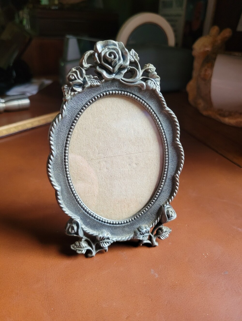 Vintage Russ Berrie Silver Tone Photo Picture Frame Roses Victorian Small Easel